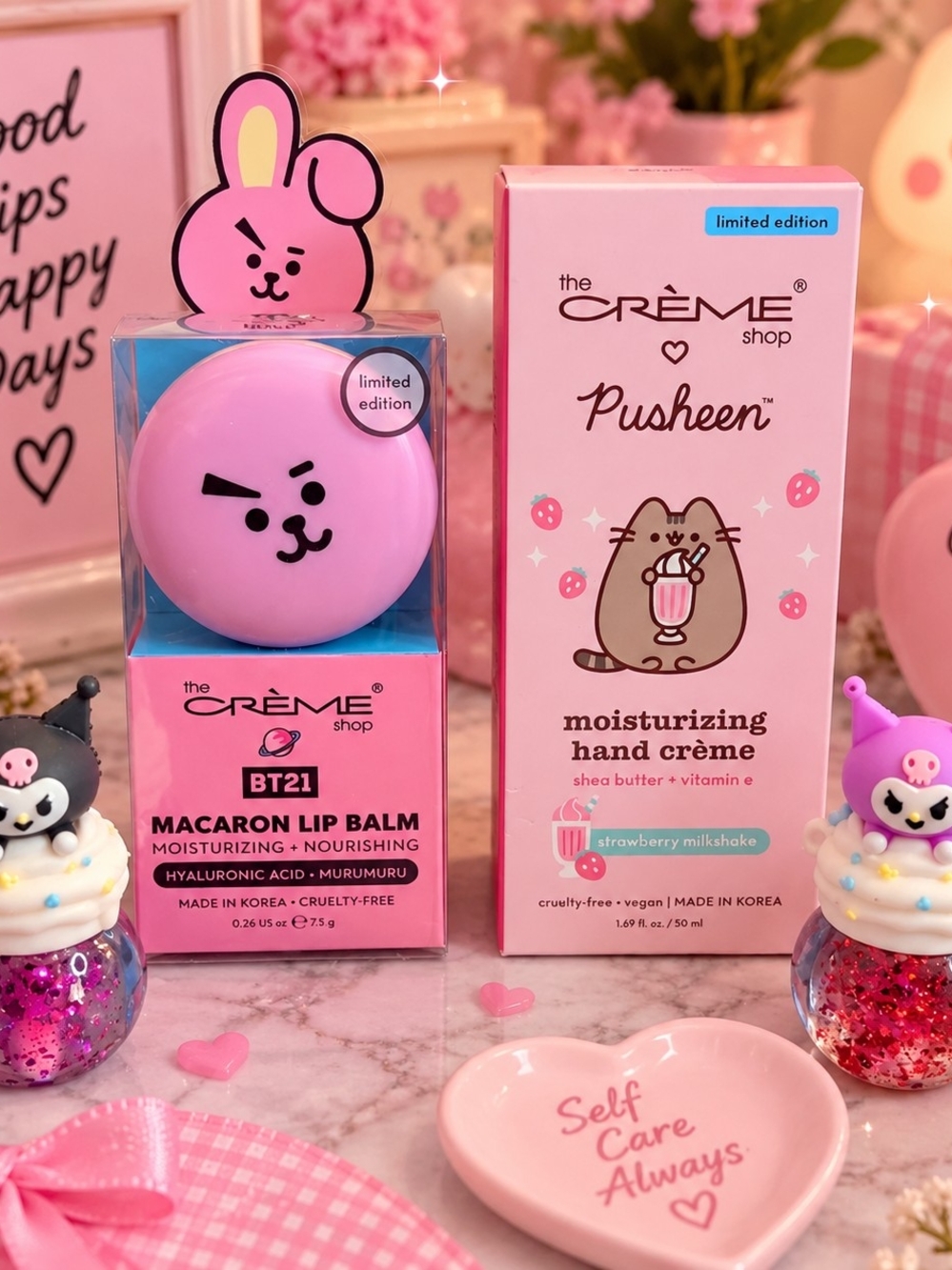 Pusheen Moisturizing Hand Crème & BT21 Pink Macaron Lip Balm And 2 Lipglosses